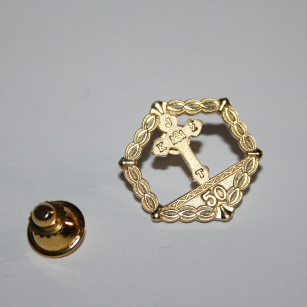 ✝️💛 Vintage Gold Cross “50” Lapel Pin – 1" · Milestone Shine · Secure Backing